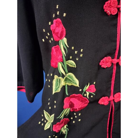 Vintage Black Mandarin Collar Jacket With Red Floral Embroidery & Frog Buttons W - Picture 4 of 6
